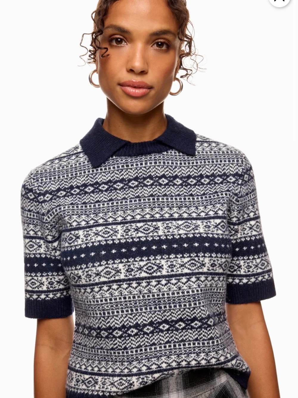 Central Park West XL Fair Isle Collared Knit Sweater Navy Cream Short Sleeve